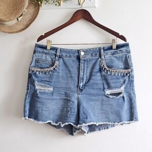 Refuge Denim Rhinestone Fringe Distressed Jean Shorts Size 13 Y2K Glam